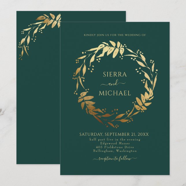 Elegant Emerald Green Golden Wreath Wedding Invitation (Front/Back)