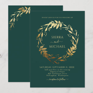 Elegant Emerald Green Golden Wreath Wedding Invitation