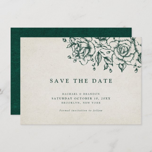 Elegant Emerald green greenery save the date (Front/Back)