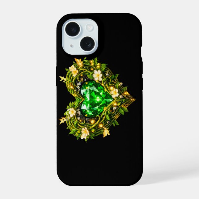 Elegant Emerald Green Heart Floral iPhone 15 Case (Back)