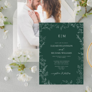 Elegant Emerald Green Leaf Photo Monogram Wedding Invitation