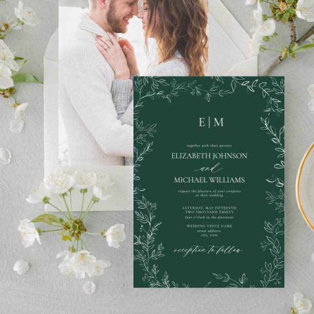 Elegant Emerald Green Leaf Photo Monogram Wedding Invitation (Creator Uploaded)