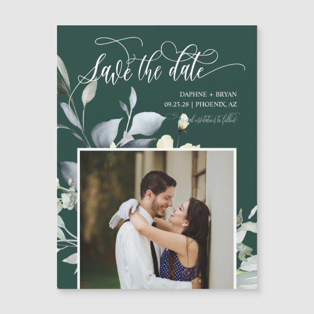 Elegant Emerald Green Leaves Save the Date Magnet (Front)