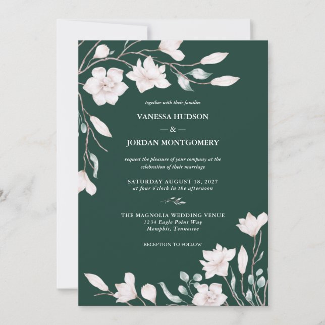 Elegant Emerald Green Magnolia Wedding Invitation (Front)