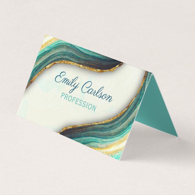 Elegant emerald green marble art faux gold glitter business card (Front)