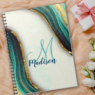 Elegant emerald green marble art faux gold glitter notebook