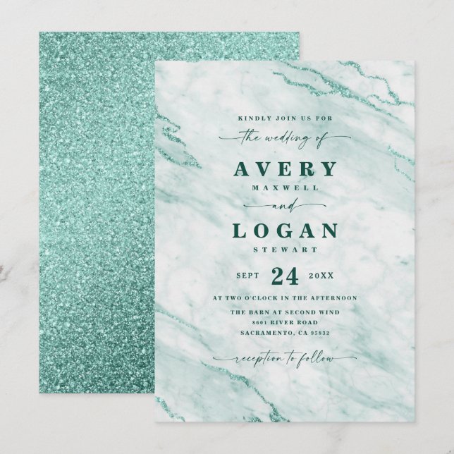 Elegant Emerald Green Marble & Glitter Wedding Invitation (Front/Back)