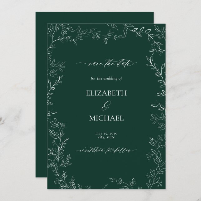 Elegant Emerald Green Modern Leaf Save the Date Invitation (Front/Back)