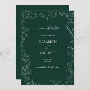 Elegant Emerald Green Modern Leaf Save the Date Invitation