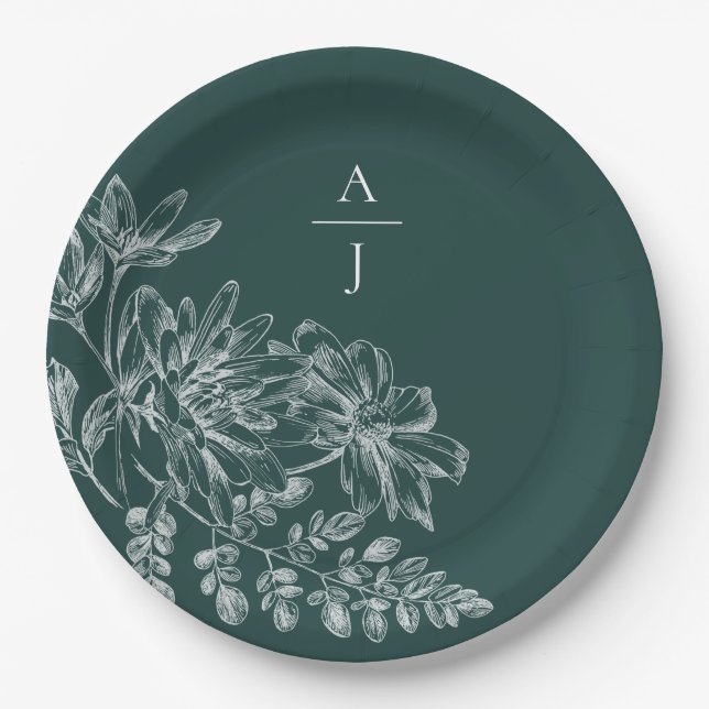 Elegant Emerald Green Monogram Floral Paper Plate (Front)