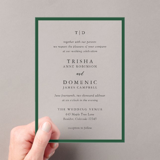 Elegant Emerald Green Monogram Modern Wedding Acrylic Invitations (Insitu (Handheld))