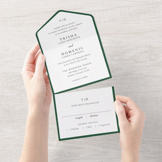 Elegant Emerald Green Monogram Modern Wedding All In One Invitation (Tearaway)
