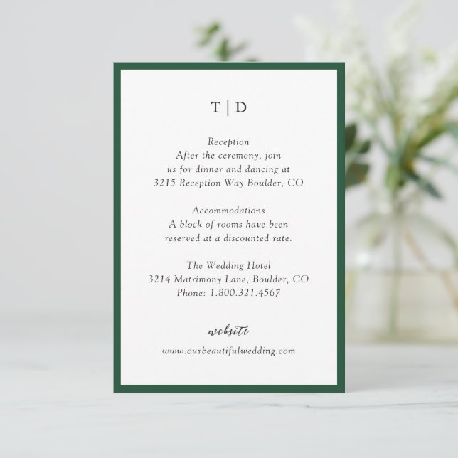 Elegant Emerald Green Monogram Modern Wedding Enclosure Card (Standing Front)
