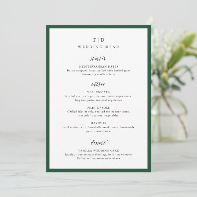 Elegant Emerald Green Monogram Modern Wedding Menu (Standing Front)
