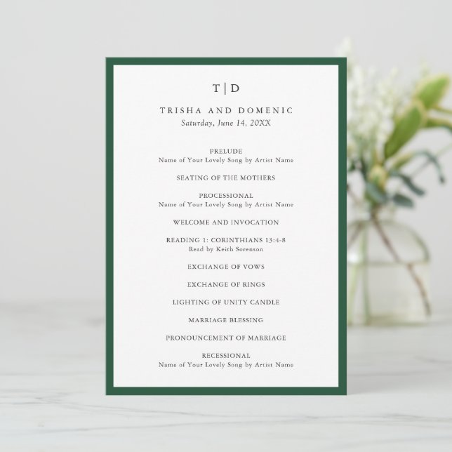 Elegant Emerald Green Monogram Modern Wedding Programme (Standing Front)