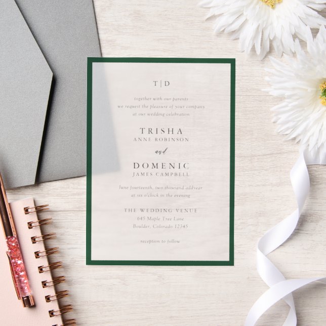 Elegant Emerald Green Monogram Modern Wedding Vellum Invitations (Wedding)