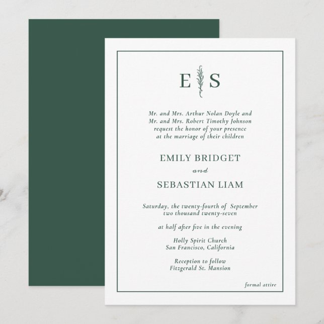 Elegant Emerald Green Monogram Wedding Invitation (Front/Back)