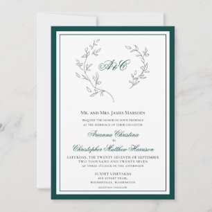 Elegant Emerald Green Monogram Wreath Wedding Invitation