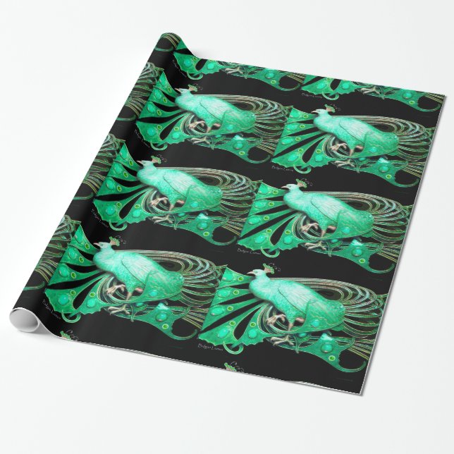 ELEGANT EMERALD GREEN PEACOCK JEWEL AND GEM STONES WRAPPING PAPER (Unrolled)
