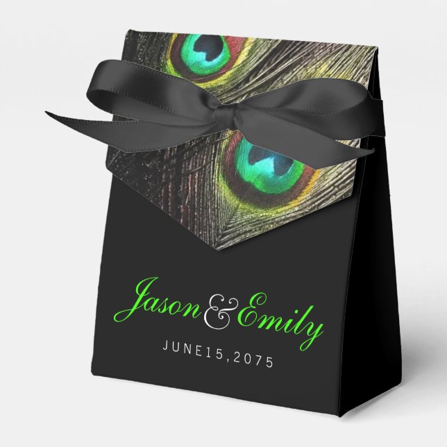 Elegant Emerald Green Peacock Wedding Favour Box (Front Side)