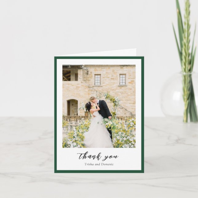Elegant Emerald Green Photo Modern Wedding Thank You Card (Front)