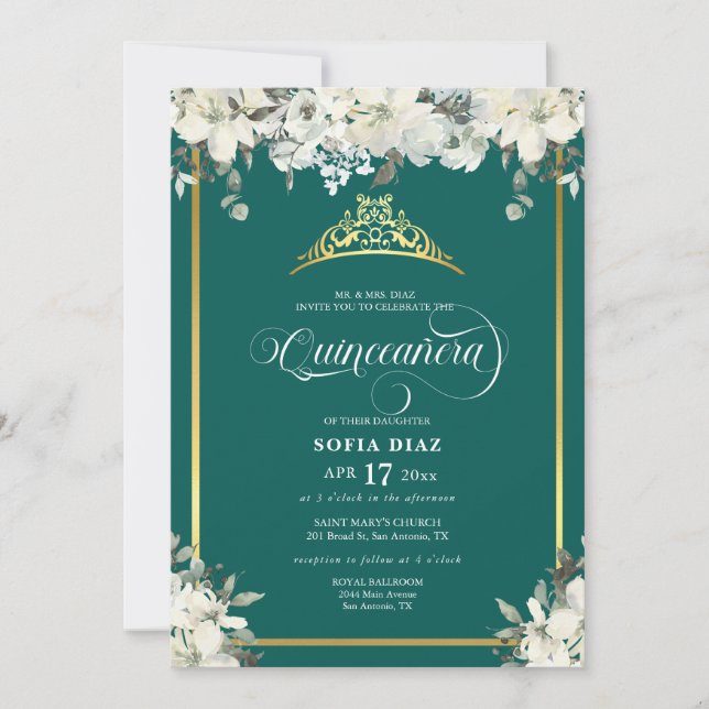 Elegant Emerald Green Photo QR Code Quinceañera Invitation (Front)