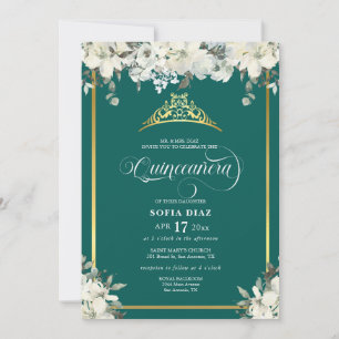 Elegant Emerald Green Photo QR Code Quinceañera Invitation