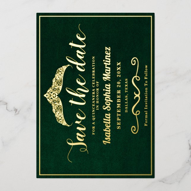 Elegant Emerald Green Quinceañera Save The Date  (Front)