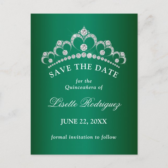Elegant Emerald Green Quinceanera Save The Date Postcard (Front)