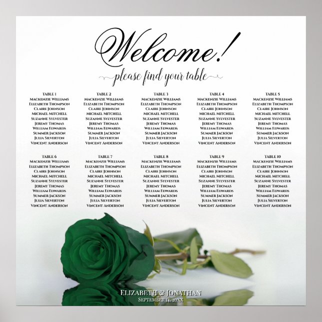 Elegant Emerald Green Rose 10 Table Seating Chart (Front)
