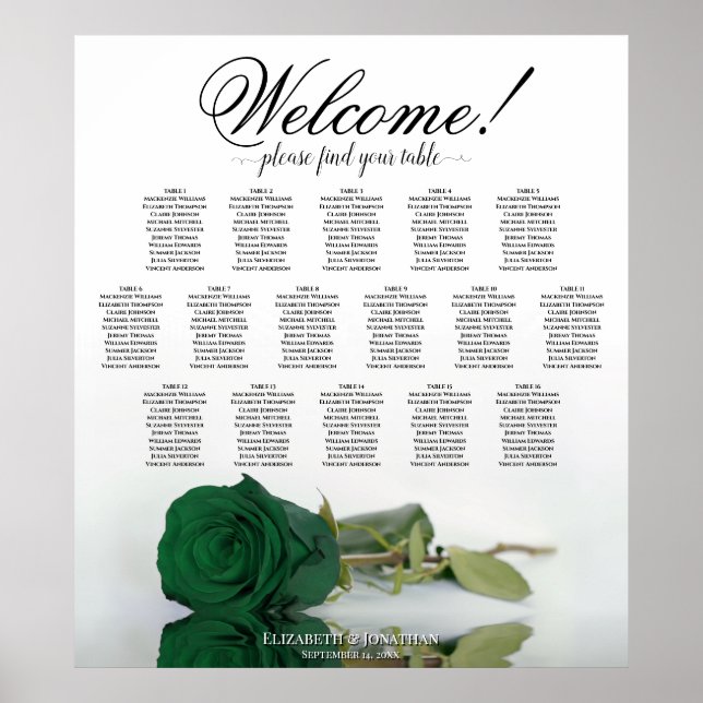 Elegant Emerald Green Rose 16 Table Seating Chart (Front)