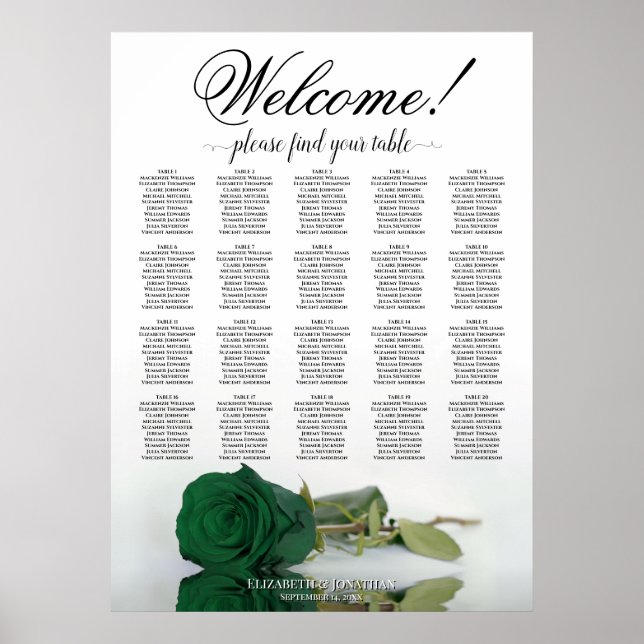 Elegant Emerald Green Rose 20 Table Seating Chart (Front)
