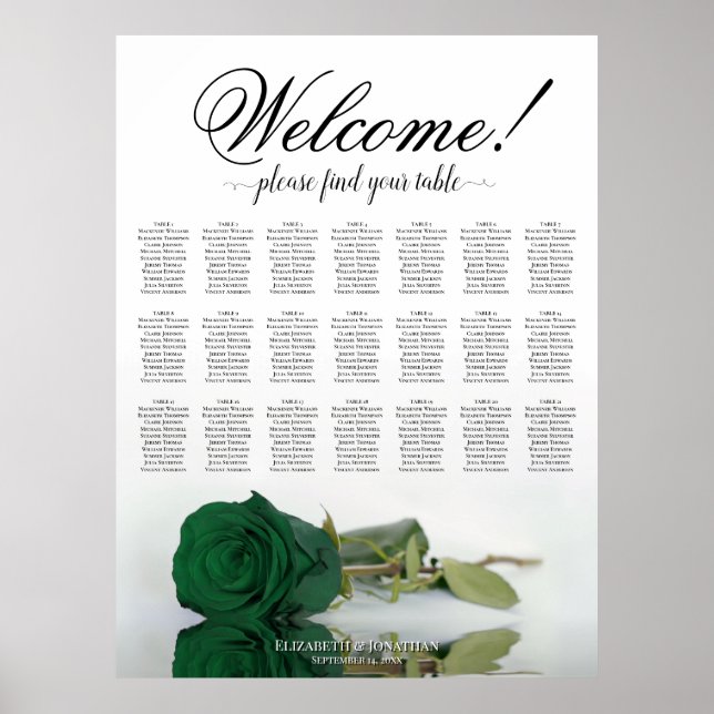 Elegant Emerald Green Rose 21 Table Seating Chart (Front)