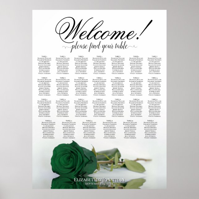 Elegant Emerald Green Rose 27 Table Seating Chart (Front)