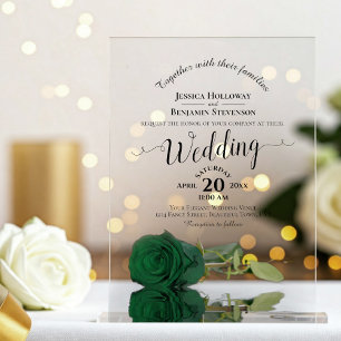 Elegant Emerald Green Rose Calligraphy Wedding Acrylic Invitations