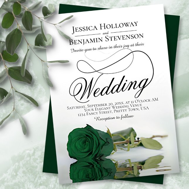 Elegant Emerald Green Rose Classy Script Wedding Invitation (Creator Uploaded)