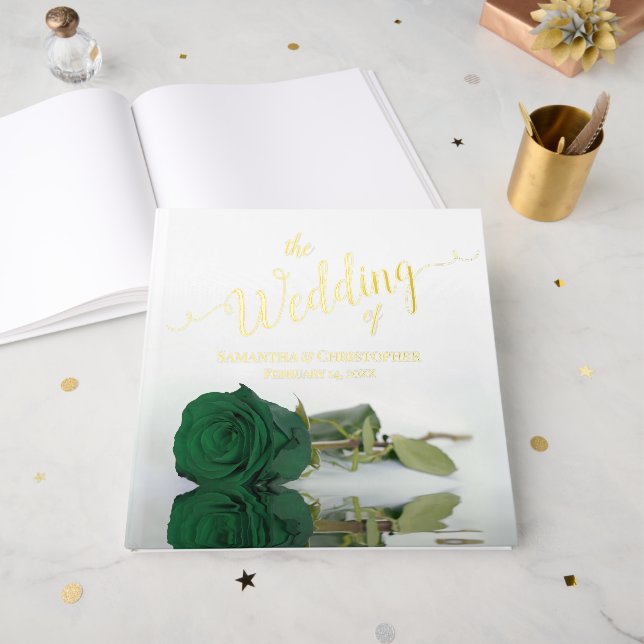 Elegant Emerald Green Rose Large Wedding Foil Guest Book (Front Open)