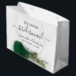Elegant Emerald Green Rose Posh Bridesmaid Wedding Large Gift Bag<br><div class="desc">These beautiful gift bags are designed as a wedding gift or favour bag for your Bridesmaids. They feature a simple yet stunning design with a long stemmed emerald green coloured rose lying on its side. The title "Bridesmaid" written in fancy script letters with swashes on the ends. There is also...</div>
