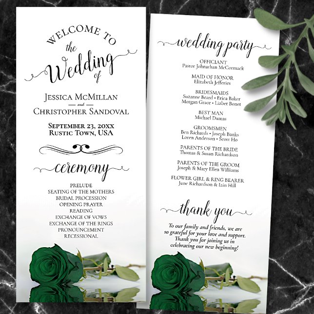 Elegant Emerald Green Rose Romantic Wedding Programme (Front and Back)
