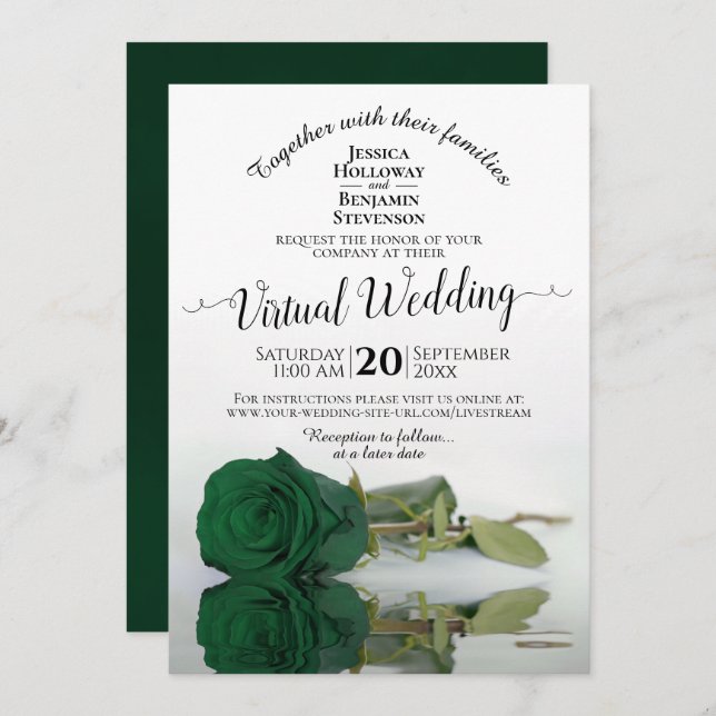 Elegant Emerald Green Rose Virtual Wedding Invitation (Front/Back)
