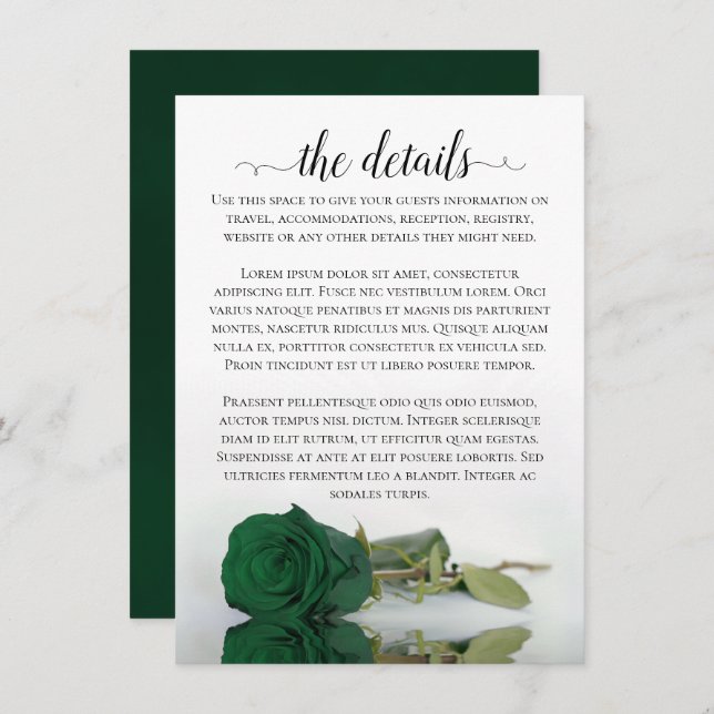 Elegant Emerald Green Rose Wedding Details Enclosure Card (Front/Back)