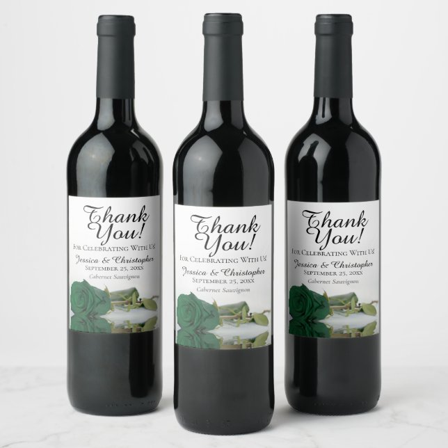 Elegant Emerald Green Rose Wedding Thank You Wine Label (Bottles)