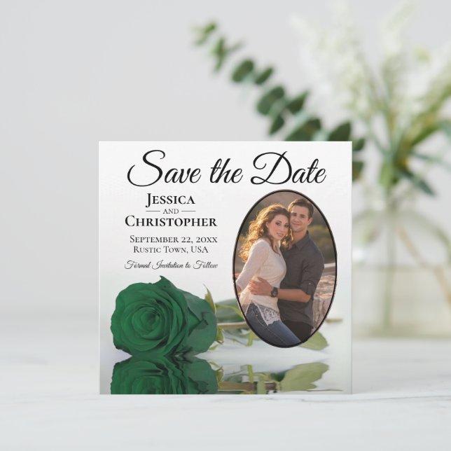 Elegant Emerald Green Rose with Oval Photo Wedding Save The Date (Standing Front)