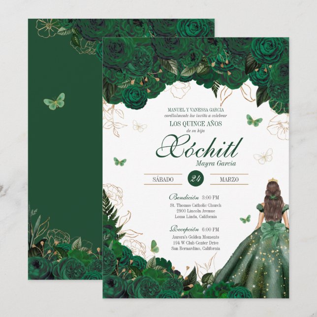 Elegant Emerald Green Roses Butterfly Quinceañera Invitation (Front/Back)