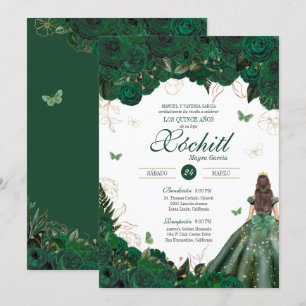 Elegant Emerald Green Roses Butterfly Quinceañera Invitation