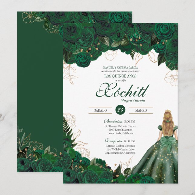 Elegant Emerald Green Roses Quince Anos Birthday I Invitation (Front/Back)