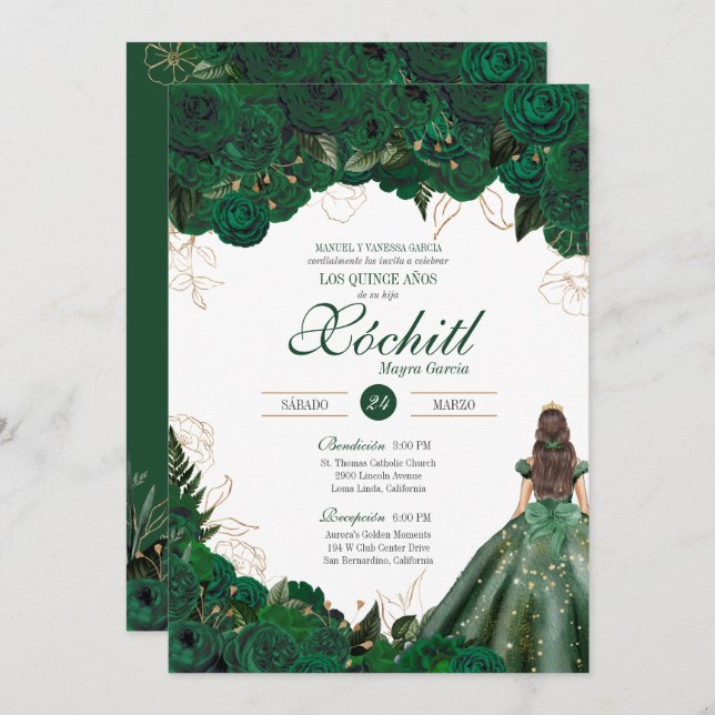 Elegant Emerald Green Roses Quince Anos Birthday Invitation (Front/Back)