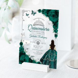 Elegant Emerald Green Roses Silver Quinceanera  Acrylic Invitations