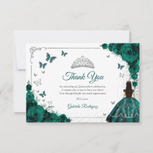 Elegant Emerald Green Roses Silver Quinceanera Thank You Card
