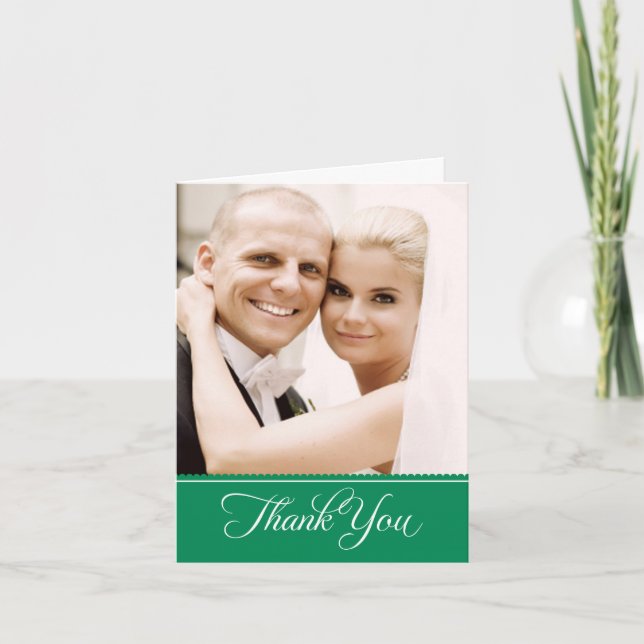 Elegant Emerald Green Scalloped Wedding Photo Thank You Card (Front)